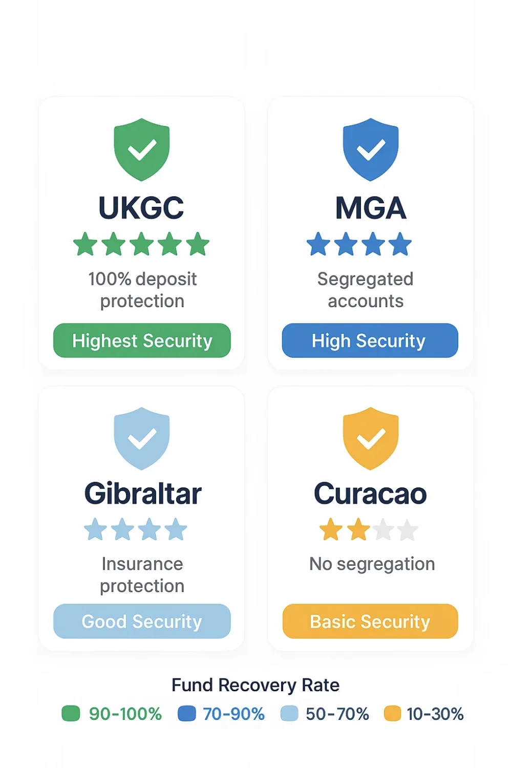 Infographic comparing casino licenses - UKGC, MGA, Gibraltar, and Curacao - showing deposit protection levels and refund percentages for players