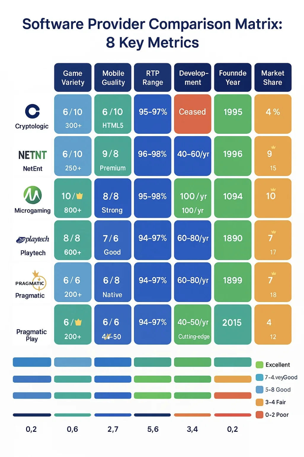 Heatmap comparing Cryptologic with other casino software providers across game variety, mobile quality, RTP, innovation, and adoption