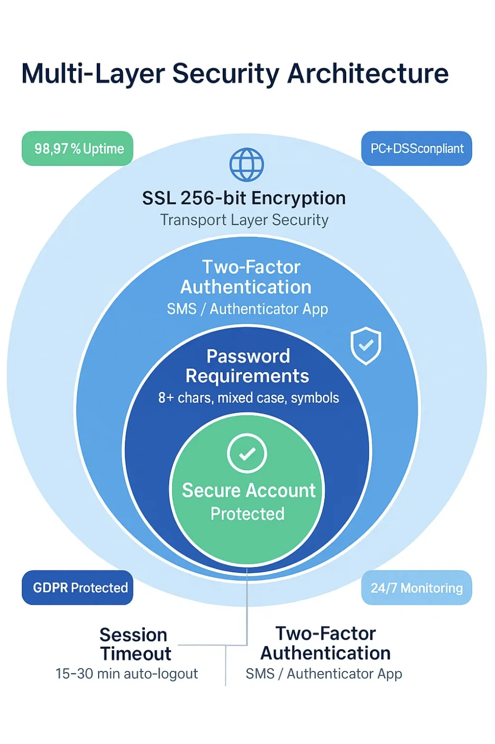 Flowchart showing Cryptologic casino login security with email, password, 2FA, session timeout, and SSL encryption layers