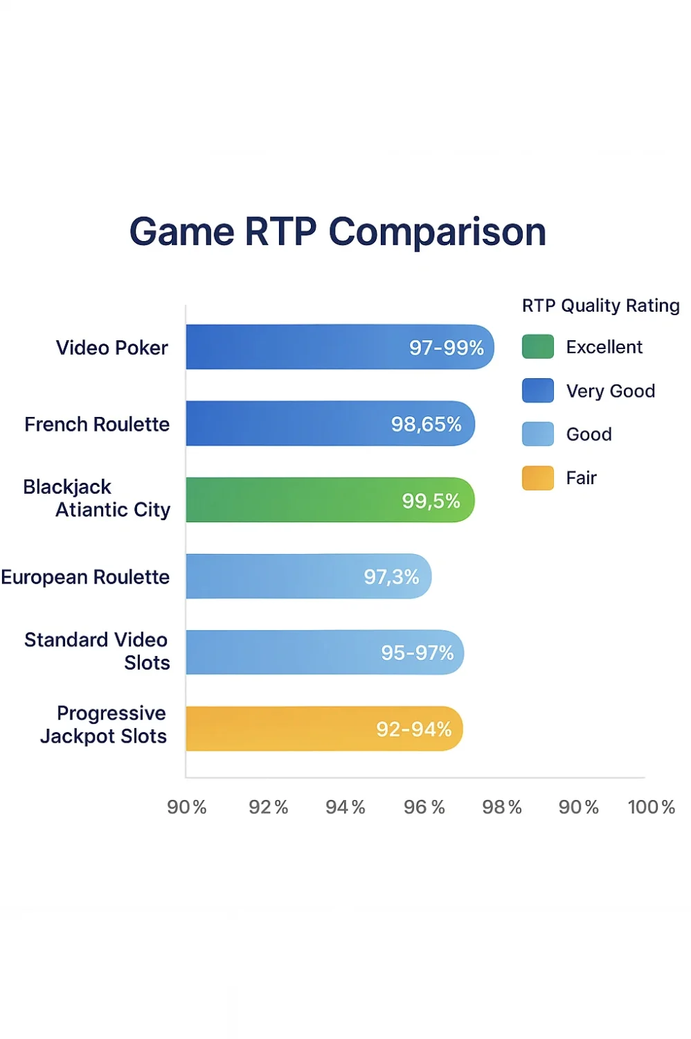 Bar chart comparing RTP ranges across casino game categories including video slots, jackpots, blackjack, roulette, and video poker, with color scale from red to green